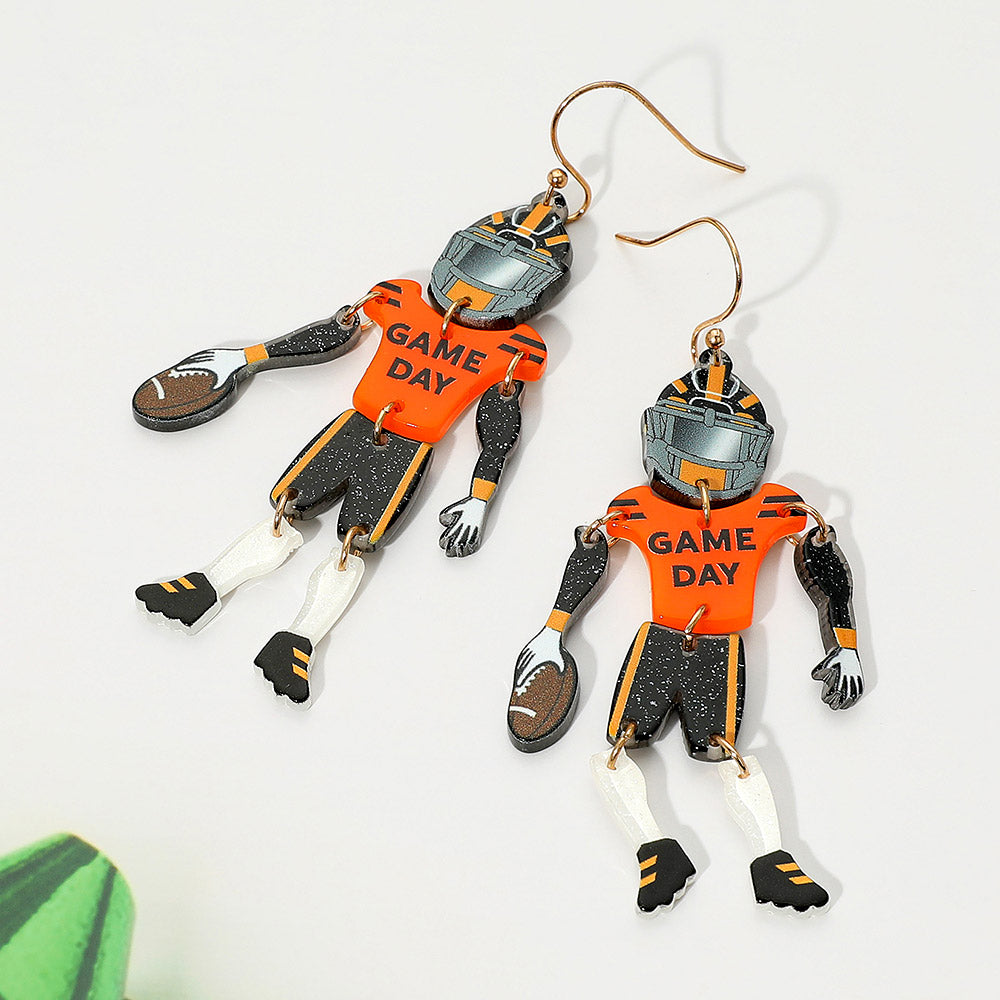 Black, Orange Resin GAME DAY Football Player Dangle Earrings