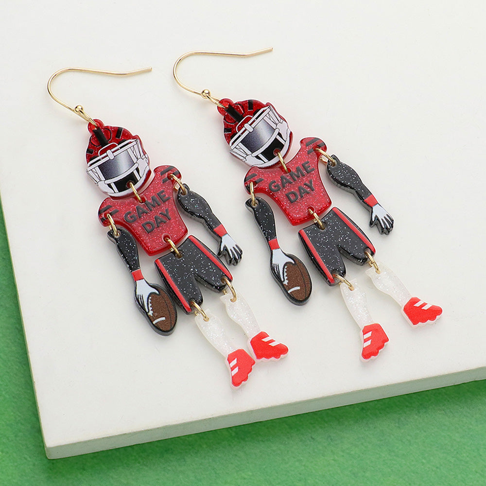 Black, Red Resin GAME DAY Football Player Dangle Earrings