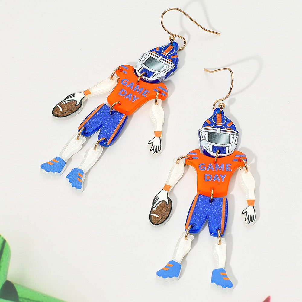 Blue, Orange Resin GAME DAY Football Player Dangle Earrings
