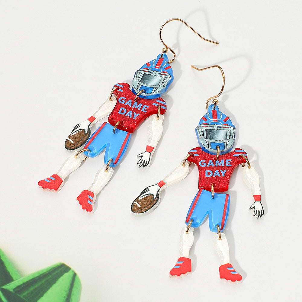 Blue, Red Resin GAME DAY Football Player Dangle Earrings