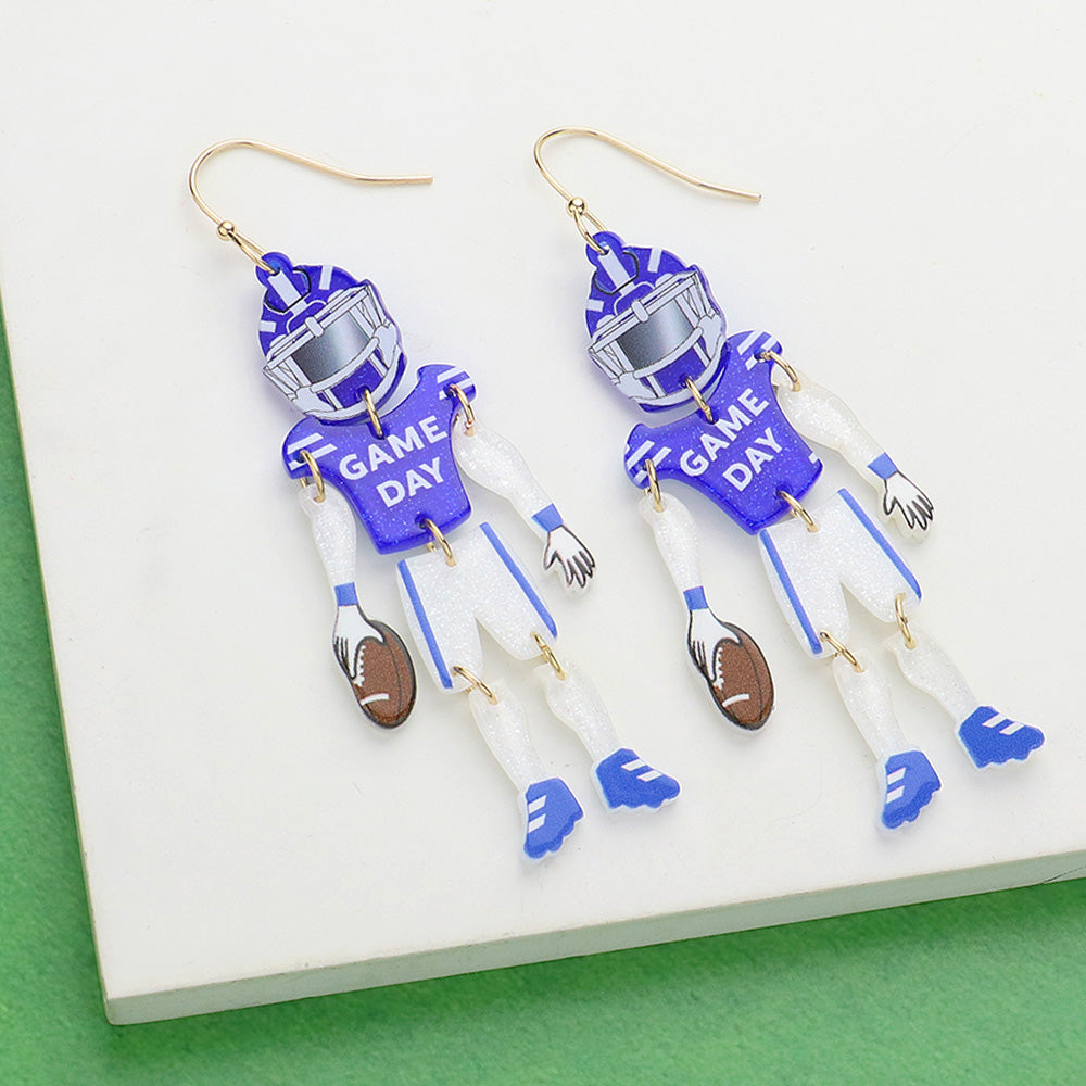 Blue, White Resin GAME DAY Football Player Dangle Earrings