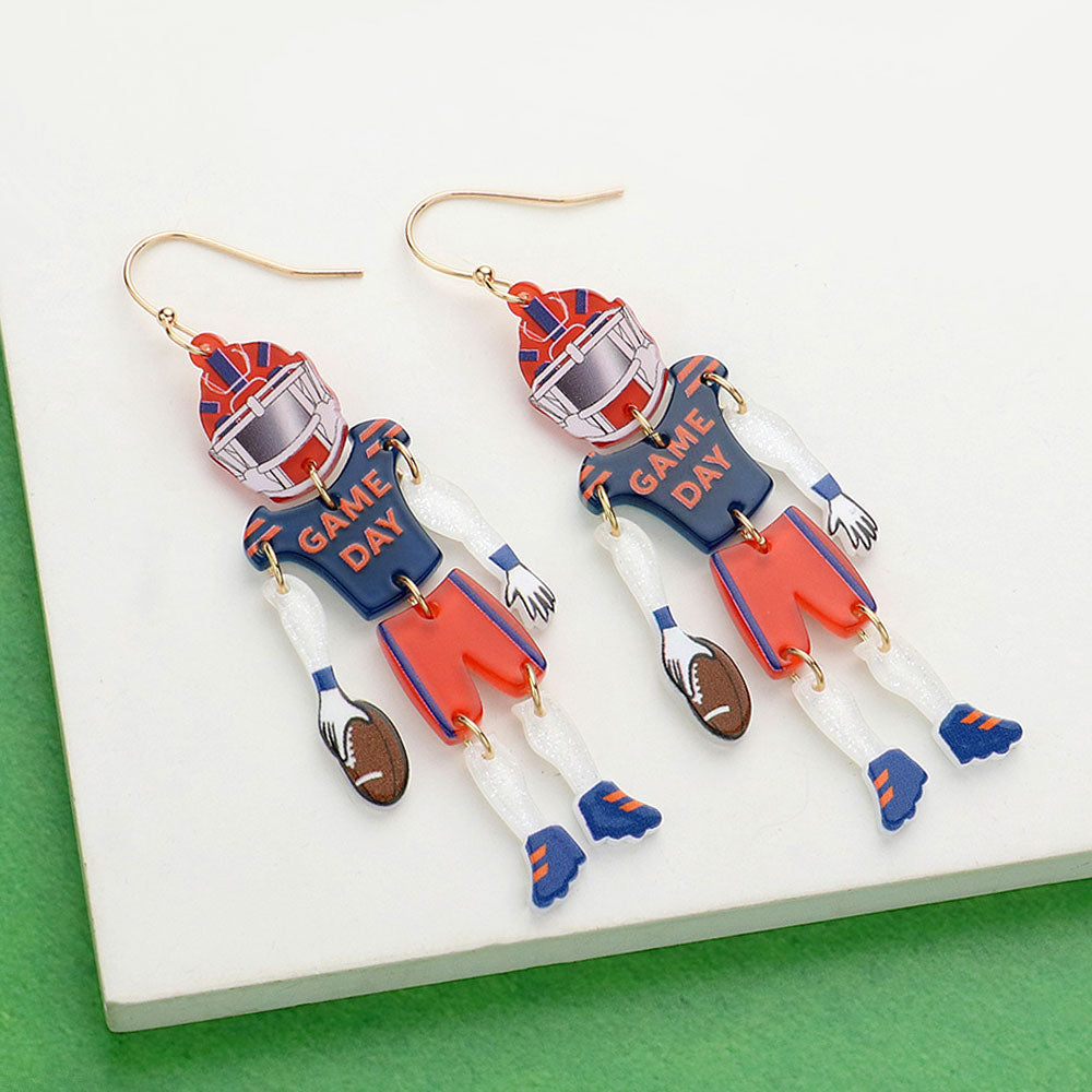 Navy, Orange Resin GAME DAY Football Player Dangle Earrings