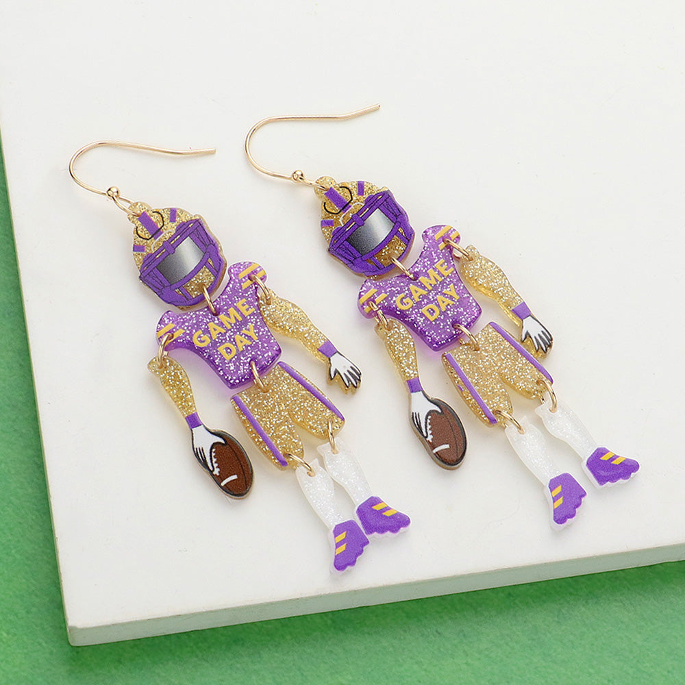 Purple , Yellow Resin GAME DAY Football Player Dangle Earrings