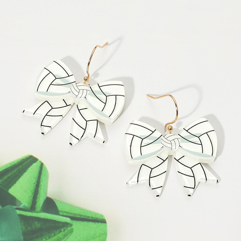 White Resin Volleyball Bow Dangle Earrings