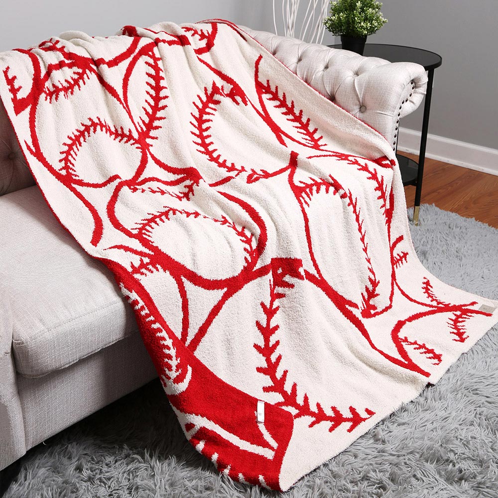 White Reversible Baseball Patterned Throw Blanket