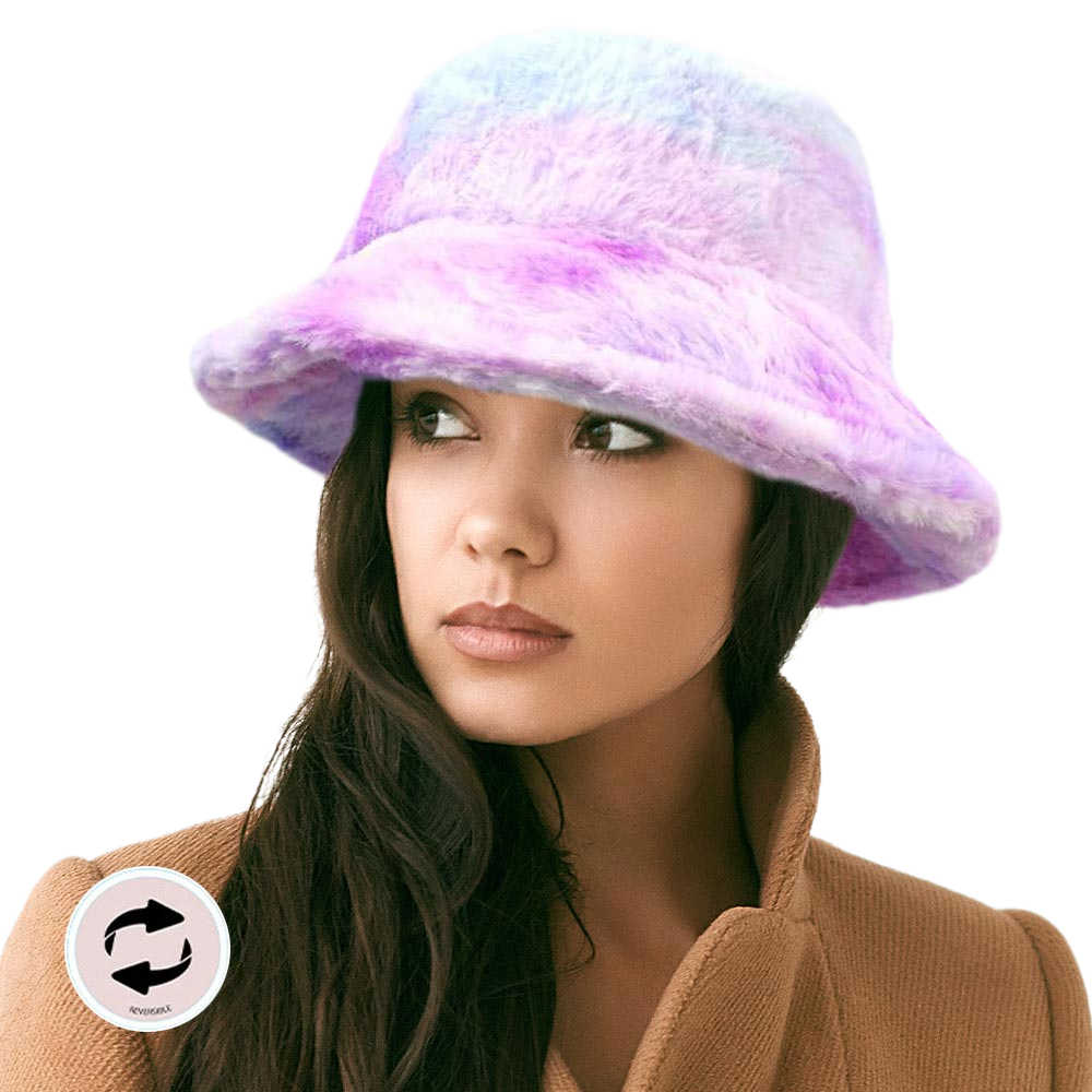 Reversible Colorful Soft Faux Fur Bucket Hat, stay warm and cozy, protect yourself from the cold, this most recognizable look with remarkable bold, soft & chic bucket hat, features a rounded design with a short brim. The hat is foldable, great for daytime. Perfect Gift for cold weather; Brown & Multi.