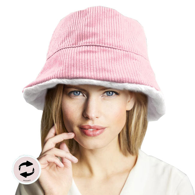 Pink Reversible Corduroy Soft Faux Fur Bucket Hat. Show your trendy side with this chic animal print hat. Have fun and look Stylish. Great for covering up when you are having a bad hair day, perfect for protecting you from the sun, rain, wind, snow, beach, pool, camping or any outdoor activities.