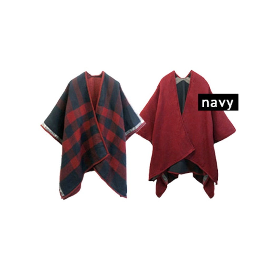 Navy Reversible Plaid Check Patterned Buffalo Print Poncho Outwear Cover Up, the perfect accessory, luxurious, trendy, super soft chic capelet, keeps you warm & toasty. You can throw it on over so many pieces elevating any casual outfit! Perfect Gift Birthday, Holiday, Christmas, Anniversary, Wife, Mom, Special Occasion