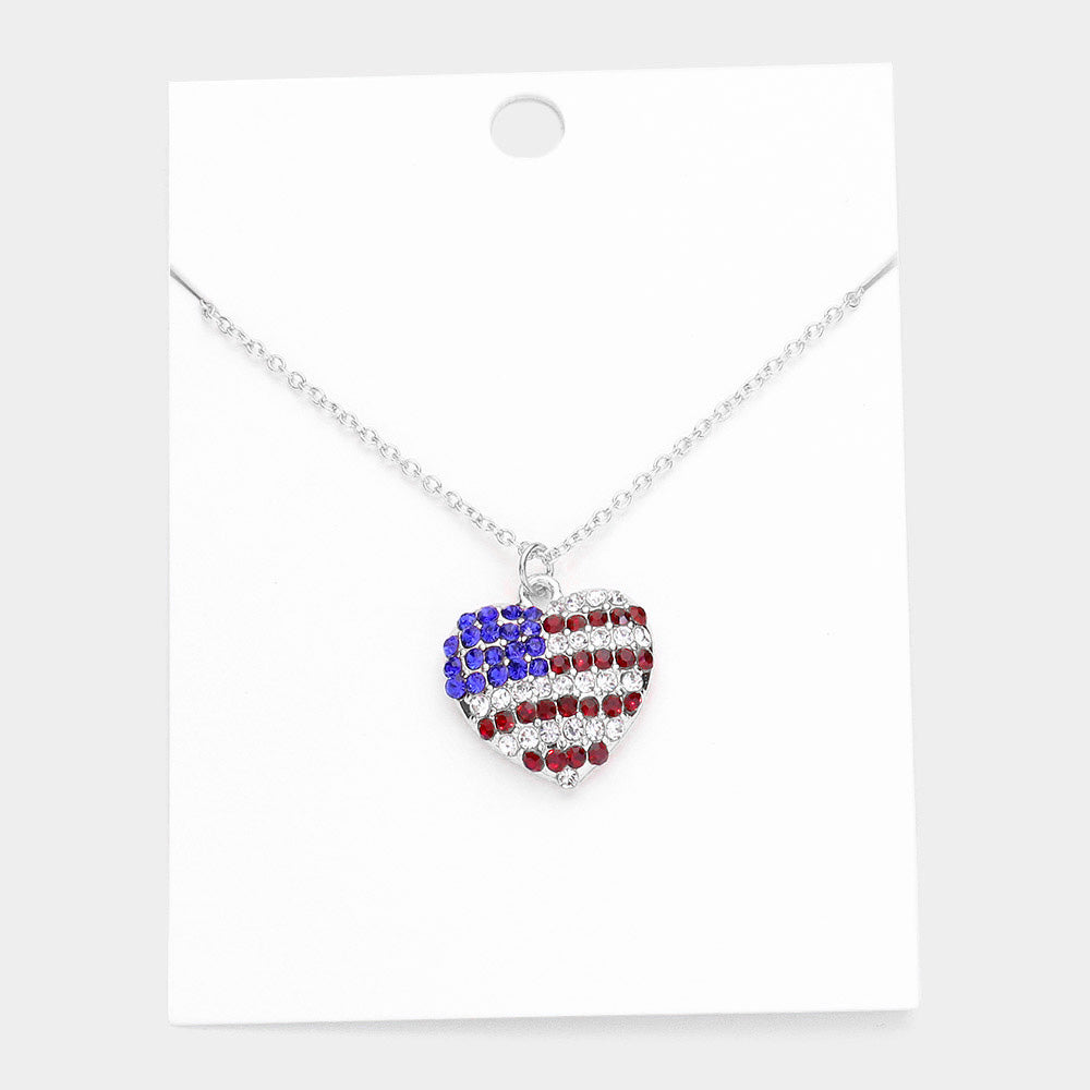 Rhodium Rhinestone Embellished American USA Flag Heart Pendant Necklace