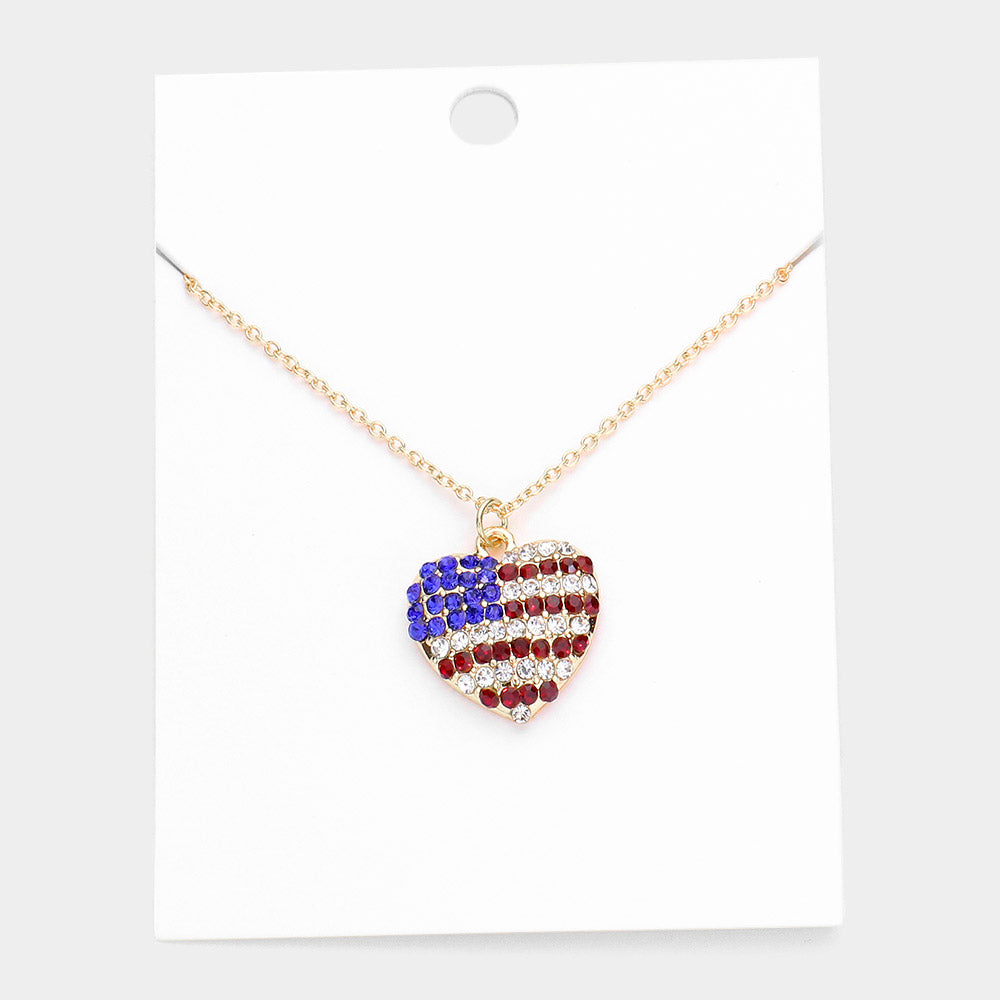 Gold Rhinestone Embellished American USA Flag Heart Pendant Necklace