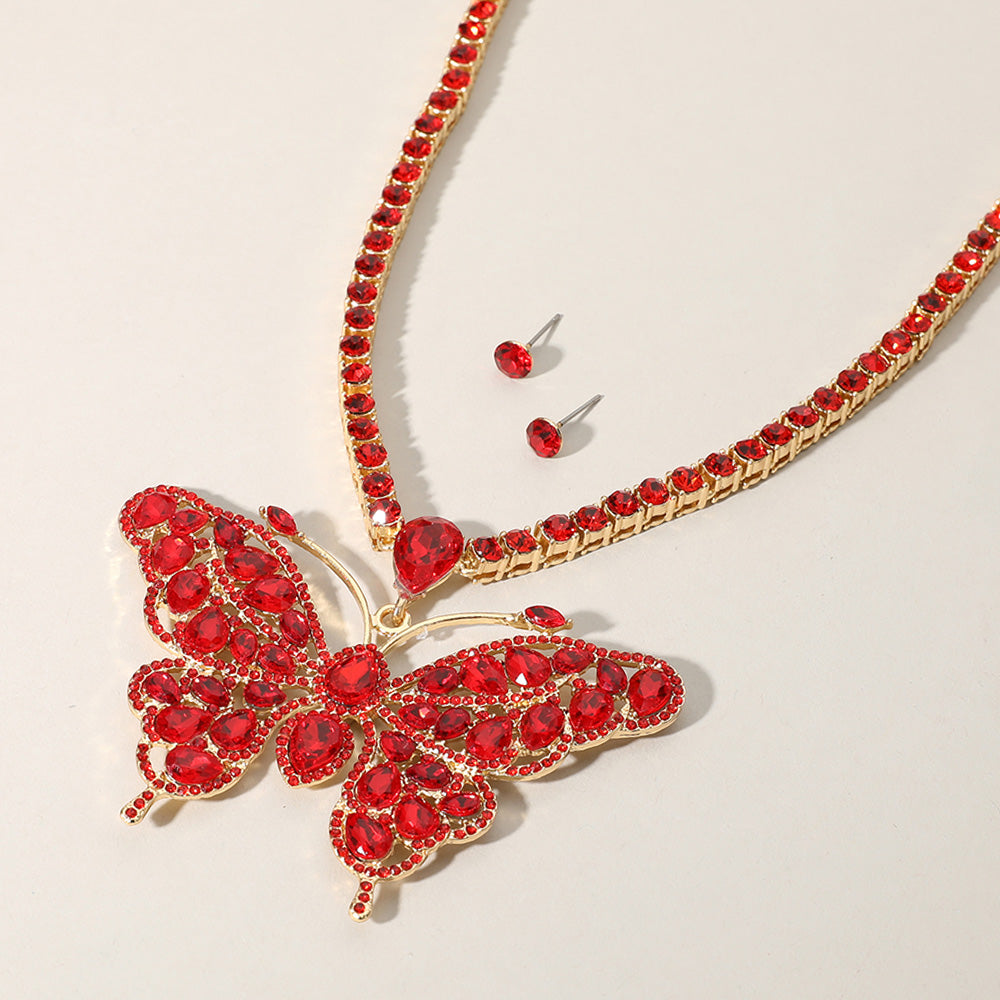 Gold, Siam Rhinestone Embellished Butterfly Pendant Accented Tennis Chain Evening Necklace