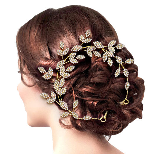 AB Gold Rhinestone Embellished Leaf Cluster Vine Bun Wrap Headpiece. Perfect for adding just the right amount of shimmer & shine, will add a touch of class, beauty and style to your wedding, prom, special events, embellished glass crystal to keep your hair sparkling all day & all night long. 