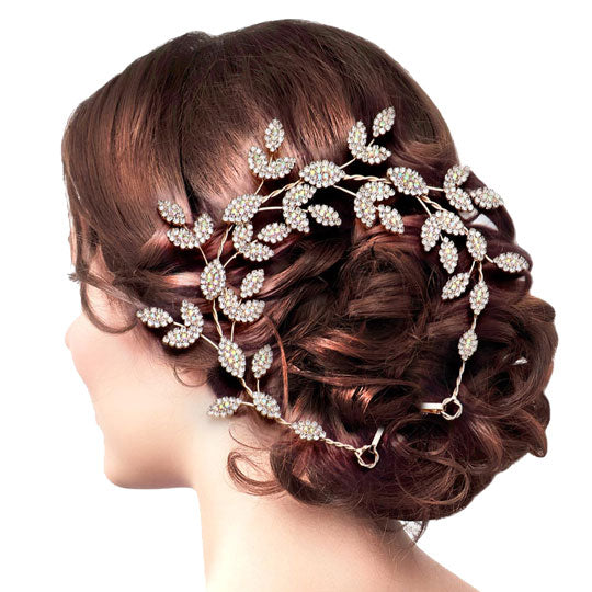 AB Rose Rhinestone Embellished Leaf Cluster Vine Bun Wrap Headpiece. Perfect for adding just the right amount of shimmer & shine, will add a touch of class, beauty and style to your wedding, prom, special events, embellished glass crystal to keep your hair sparkling all day & all night long. 