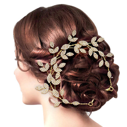 Gold Rhinestone Embellished Leaf Cluster Vine Bun Wrap Headpiece. Perfect for adding just the right amount of shimmer & shine, will add a touch of class, beauty and style to your wedding, prom, special events, embellished glass crystal to keep your hair sparkling all day & all night long. 