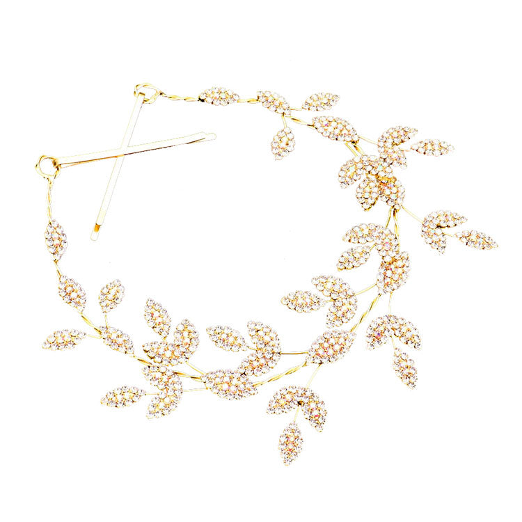 AB Gold Rhinestone Embellished Leaf Cluster Vine Bun Wrap Headpiece. Perfect for adding just the right amount of shimmer & shine, will add a touch of class, beauty and style to your wedding, prom, special events, embellished glass crystal to keep your hair sparkling all day & all night long. 