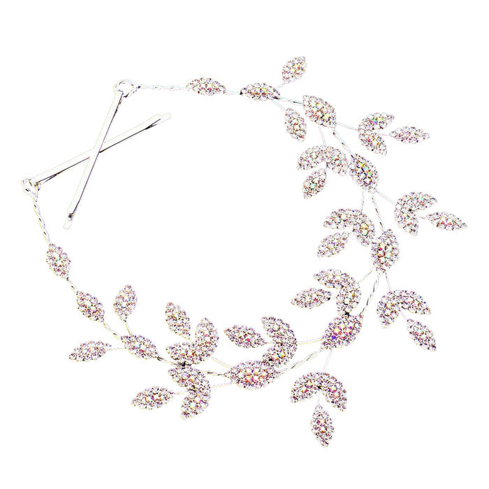 AB Silver Rhinestone Embellished Leaf Cluster Vine Bun Wrap Headpiece. Perfect for adding just the right amount of shimmer & shine, will add a touch of class, beauty and style to your wedding, prom, special events, embellished glass crystal to keep your hair sparkling all day & all night long. 