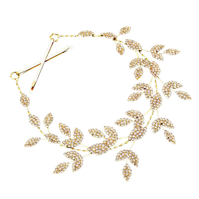 Gold Rhinestone Embellished Leaf Cluster Vine Bun Wrap Headpiece. Perfect for adding just the right amount of shimmer & shine, will add a touch of class, beauty and style to your wedding, prom, special events, embellished glass crystal to keep your hair sparkling all day & all night long. 