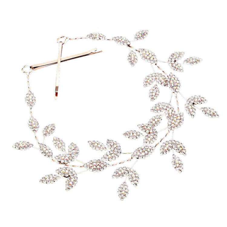 AB Rose Gold Rhinestone Embellished Leaf Cluster Vine Bun Wrap Headpiece. Perfect for adding just the right amount of shimmer & shine, will add a touch of class, beauty and style to your wedding, prom, special events, embellished glass crystal to keep your hair sparkling all day & all night long. 