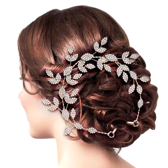 Rose Gold Rhinestone Embellished Leaf Cluster Vine Bun Wrap Headpiece. Perfect for adding just the right amount of shimmer & shine, will add a touch of class, beauty and style to your wedding, prom, special events, embellished glass crystal to keep your hair sparkling all day & all night long. 