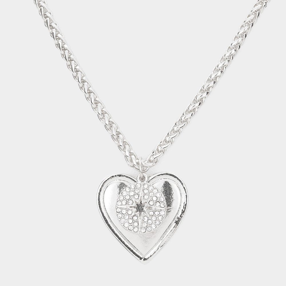 Rhodium Rhinestone Embellished North Star Metal Heart Pendant Necklace