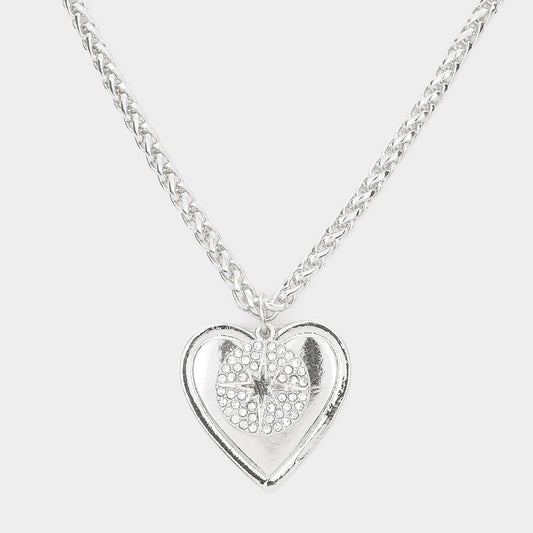 Rhodium Rhinestone Embellished North Star Metal Heart Pendant Necklace