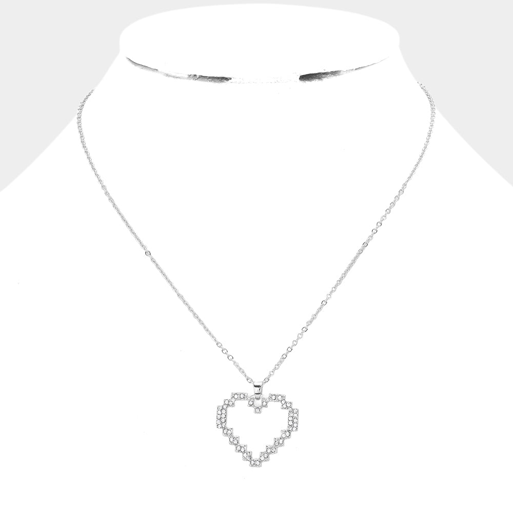 Rhinestone Embellished Open Heart Pendant Necklace - Necklaces