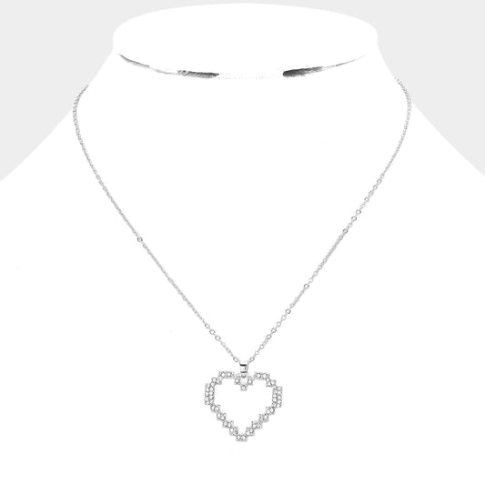 Rhinestone Embellished Open Heart Pendant Necklace - Necklaces