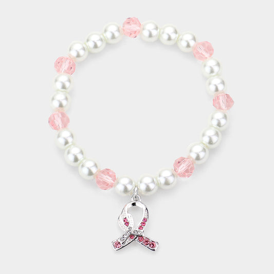 Pink Rhinestone Embellished Pink Ribbon Charm Pearl Stretch Bracelet