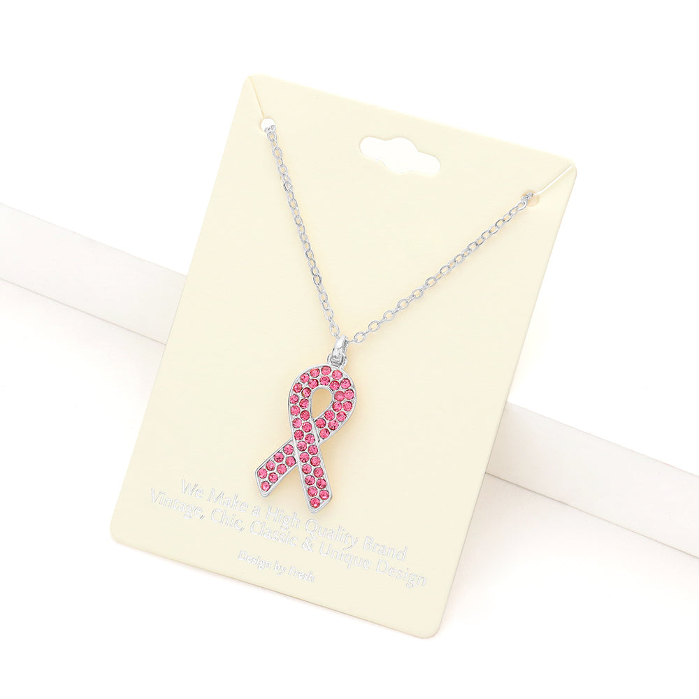 Pink, Rhodium Rhinestone Embellished Pink Ribbon Pendant Necklace