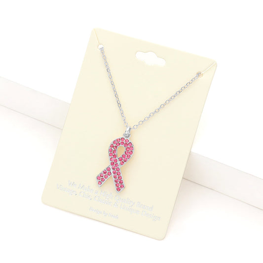 Pink, Rhodium Rhinestone Embellished Pink Ribbon Pendant Necklace