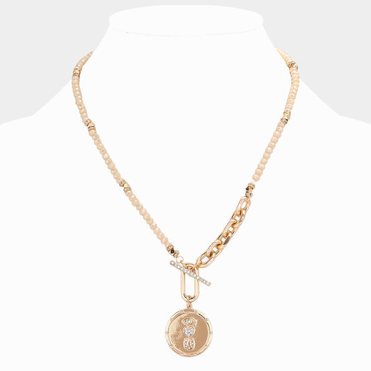 Ivory Rhinestone Evil Eye Heart Horseshoe Accented Metal Round Pendant Faceted Beaded Necklace