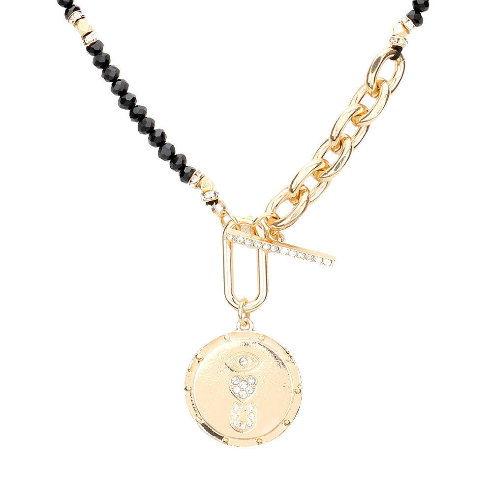 Black Rhinestone Evil Eye Heart Horseshoe Accented Metal Round Pendant Faceted Beaded Necklace, Get ready with these Pendant Double Layered, put on a pop of color to complete your ensemble. Perfect for adding just the right amount of shimmer & shine. Perfect Birthday Gift, Anniversary Gift, Mother's Day Gift, Graduation Gift.