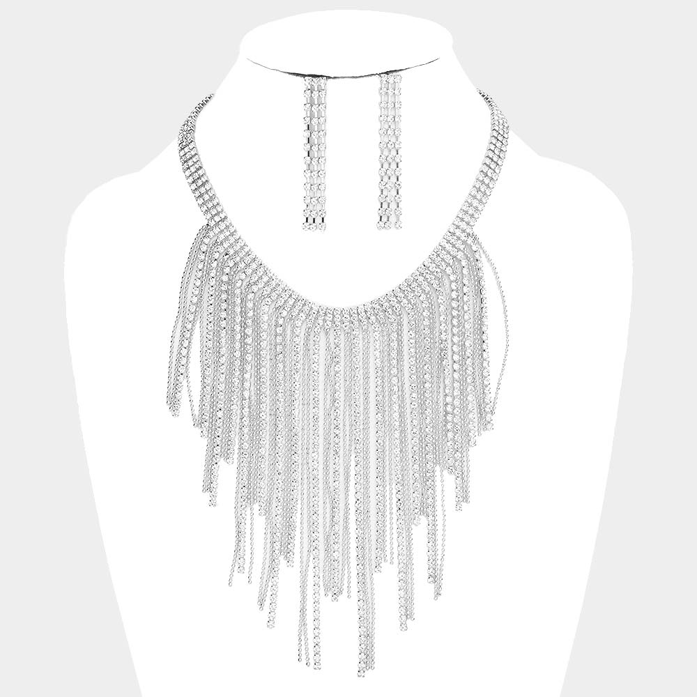 Rhodium Rhinestone Metal Ball Chain Fringe Choker Necklace
