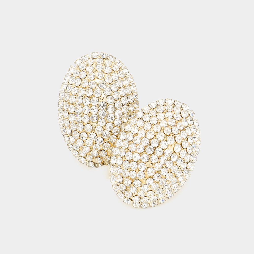 Gold Rhinestone Pave Oval Evening Clip on Earrings
