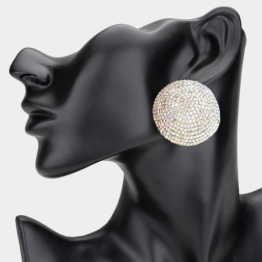 AB, Gold Rhinestone Pave Round Clip on Evening Earrings