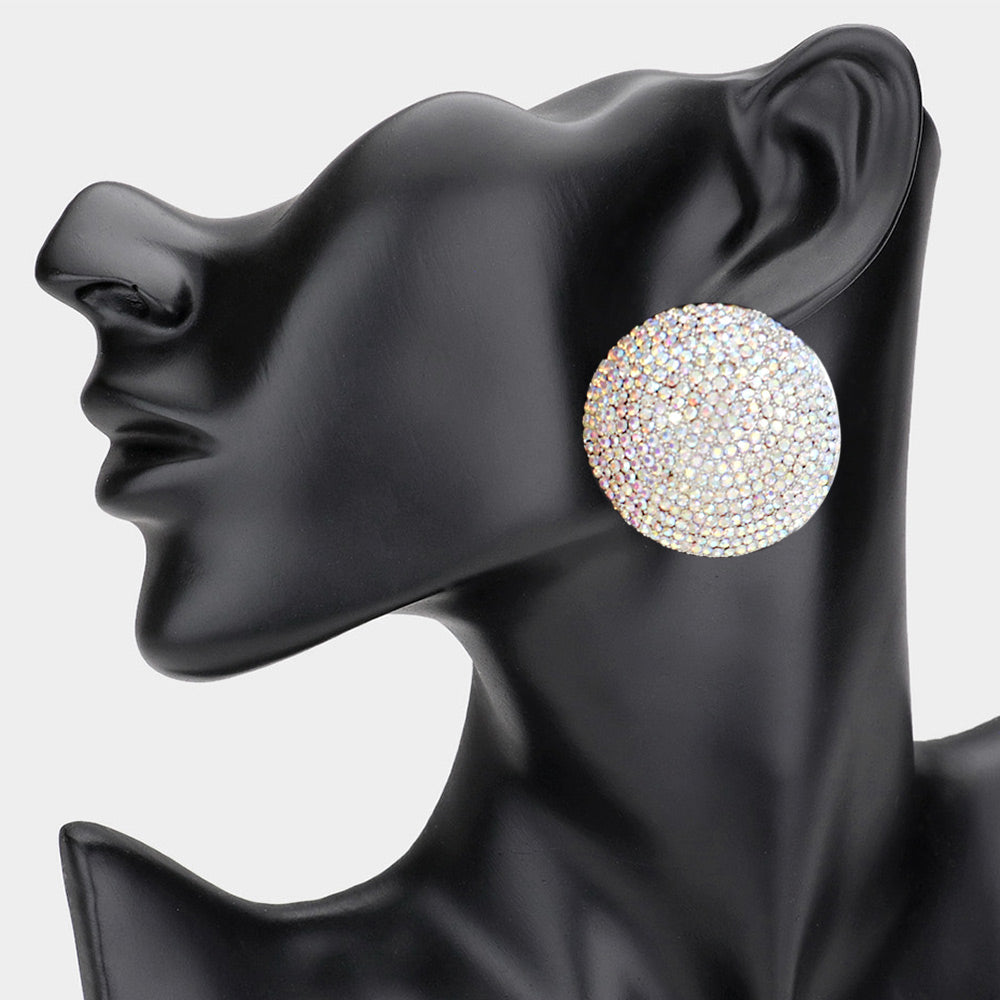 AB, Rhodium Rhinestone Pave Round Clip on Evening Earrings