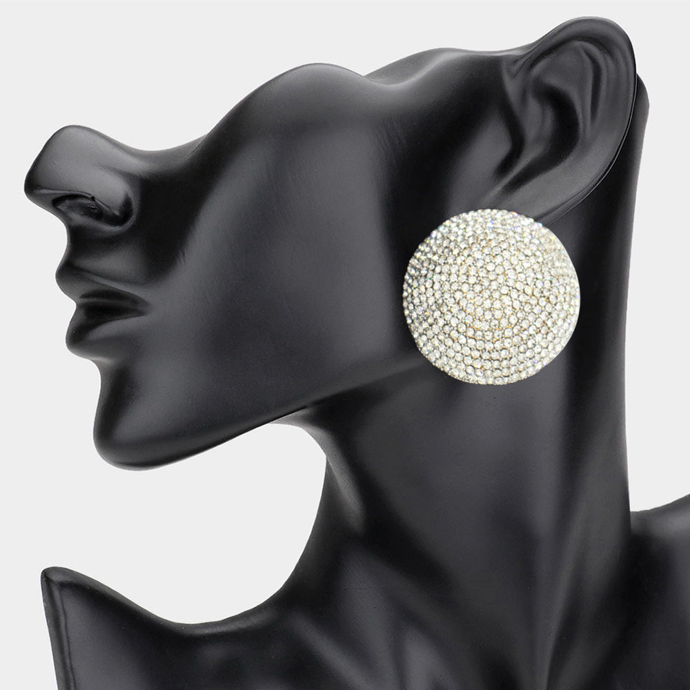 Gold Rhinestone Pave Round Clip on Evening Earrings