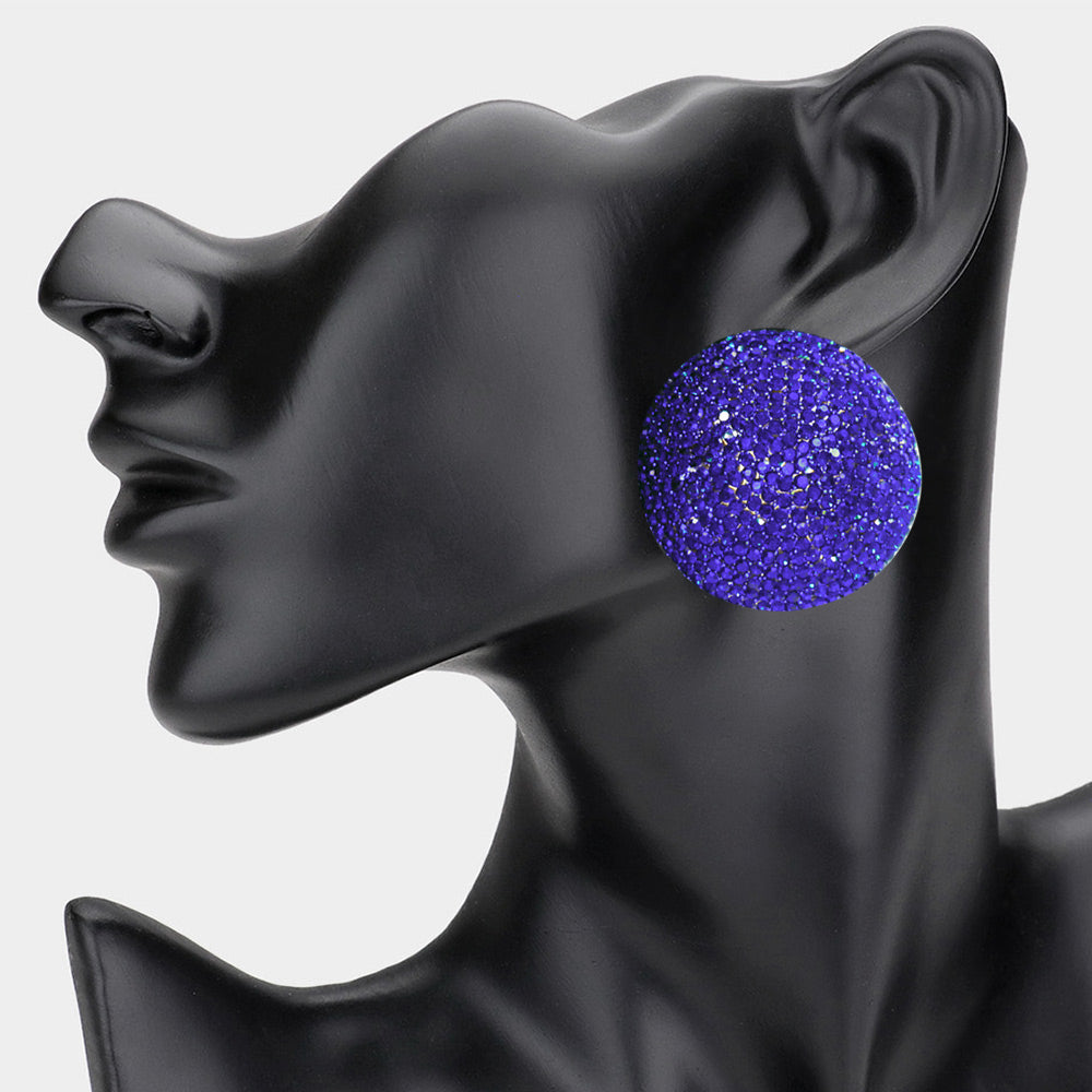 Sapphire Rhinestone Pave Round Clip on Evening Earrings