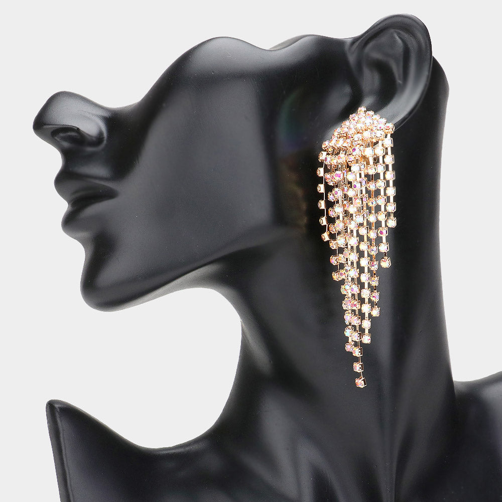 AB, Gold Rhinestone Pave Tassel Clip On Earrings