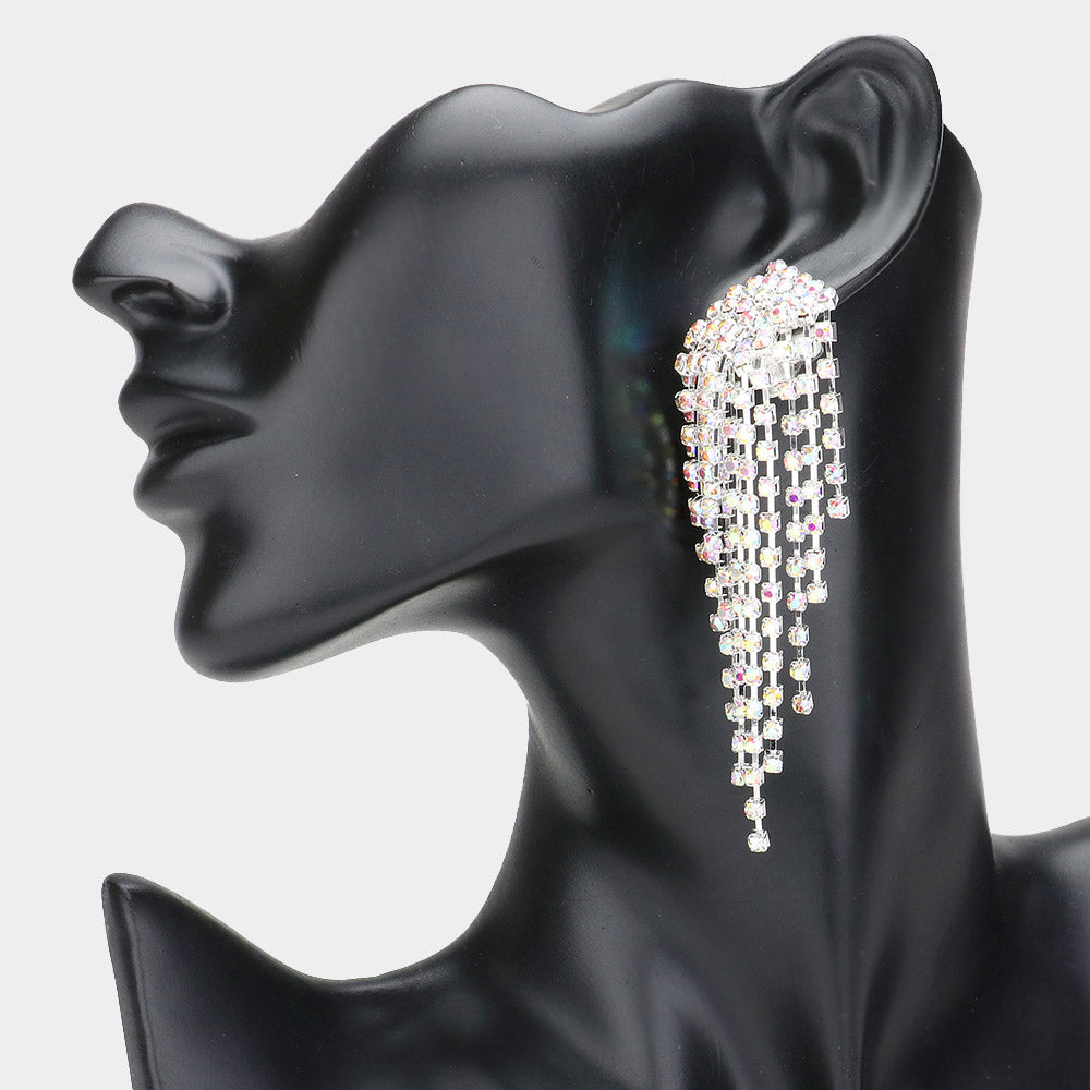 AB, Silver Rhinestone Pave Tassel Clip On Earrings