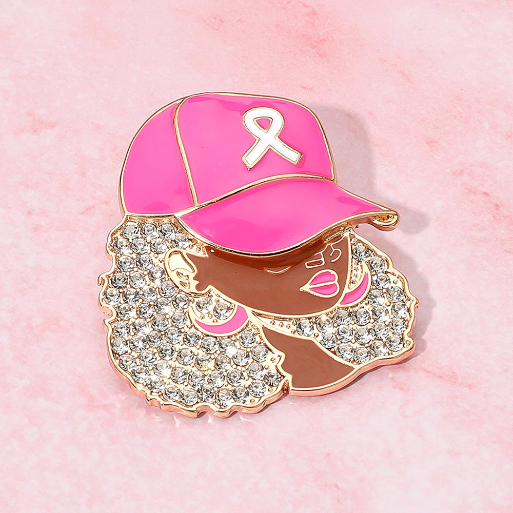 Gold Rhinestone Paved Cool Afro Woman in Awareness Pink Ribbon Cap Pin Brooch