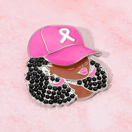 Black Rhinestone Paved Cool Afro Woman in Awareness Pink Ribbon Cap Pin Brooch
