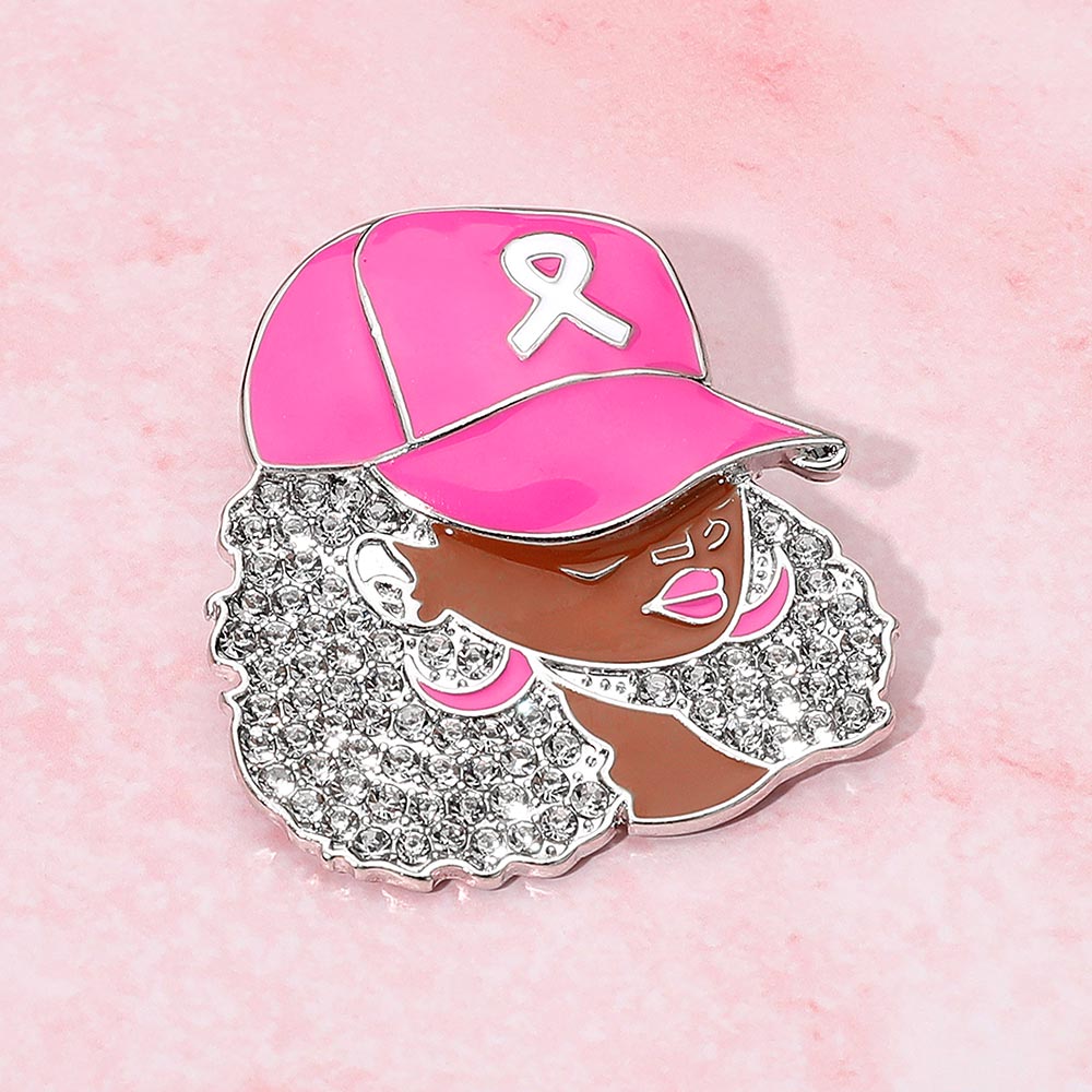 Rhodium Rhinestone Paved Cool Afro Woman in Awareness Pink Ribbon Cap Pin Brooch