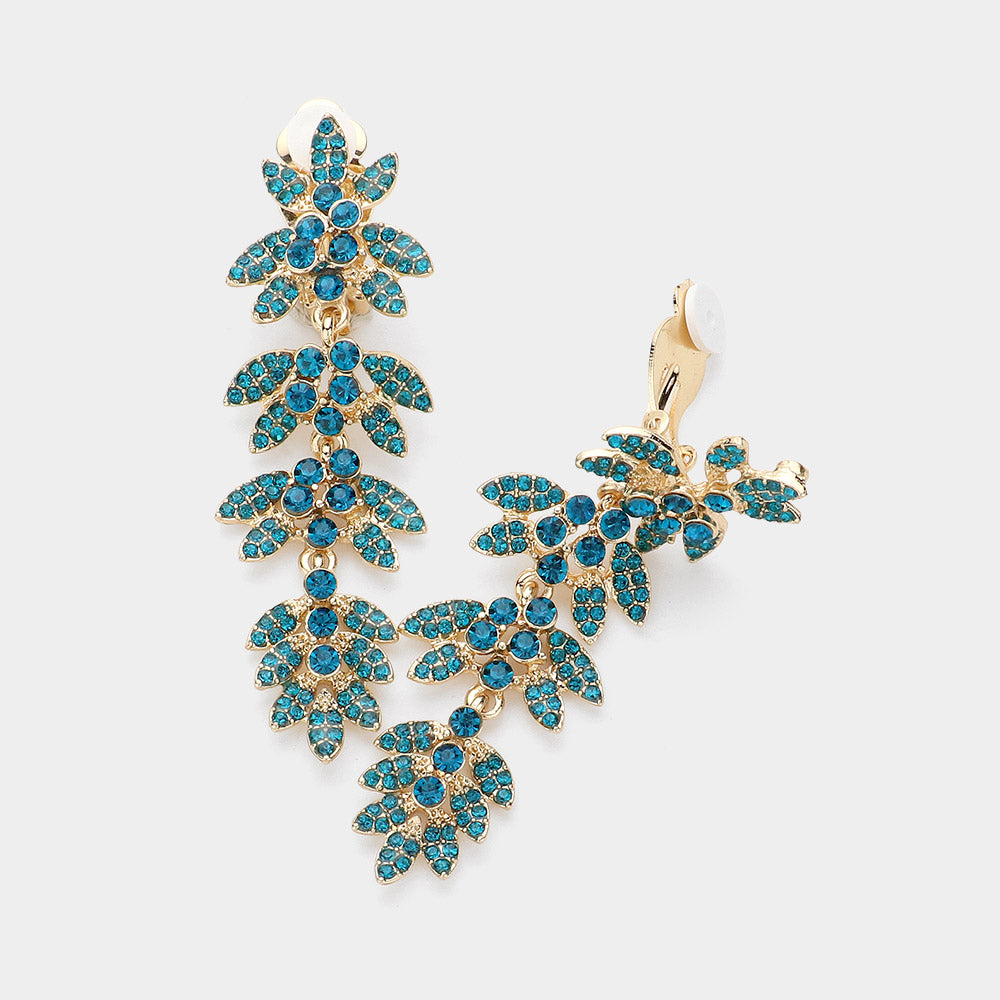 Blue Zircon, Gold Rhinestone Paved Vine Dropdown Evening Earrings