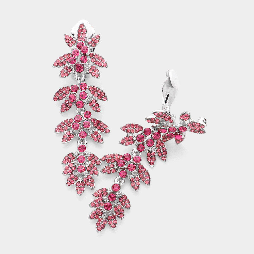 Pink, Rhodium Rhinestone Paved Vine Dropdown Evening Earrings