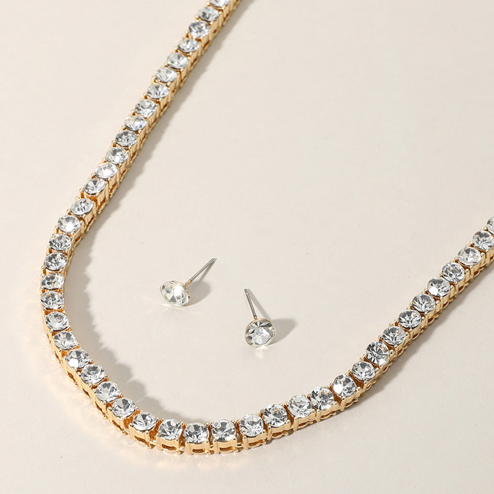 Clear, Gold Rhinestone Tennis Chain Evening Necklace