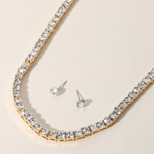 Clear, Gold Rhinestone Tennis Chain Evening Necklace
