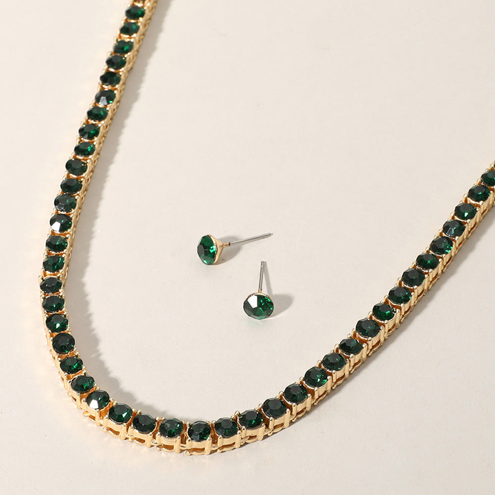 Emerald, Gold Rhinestone Tennis Chain Evening Necklace