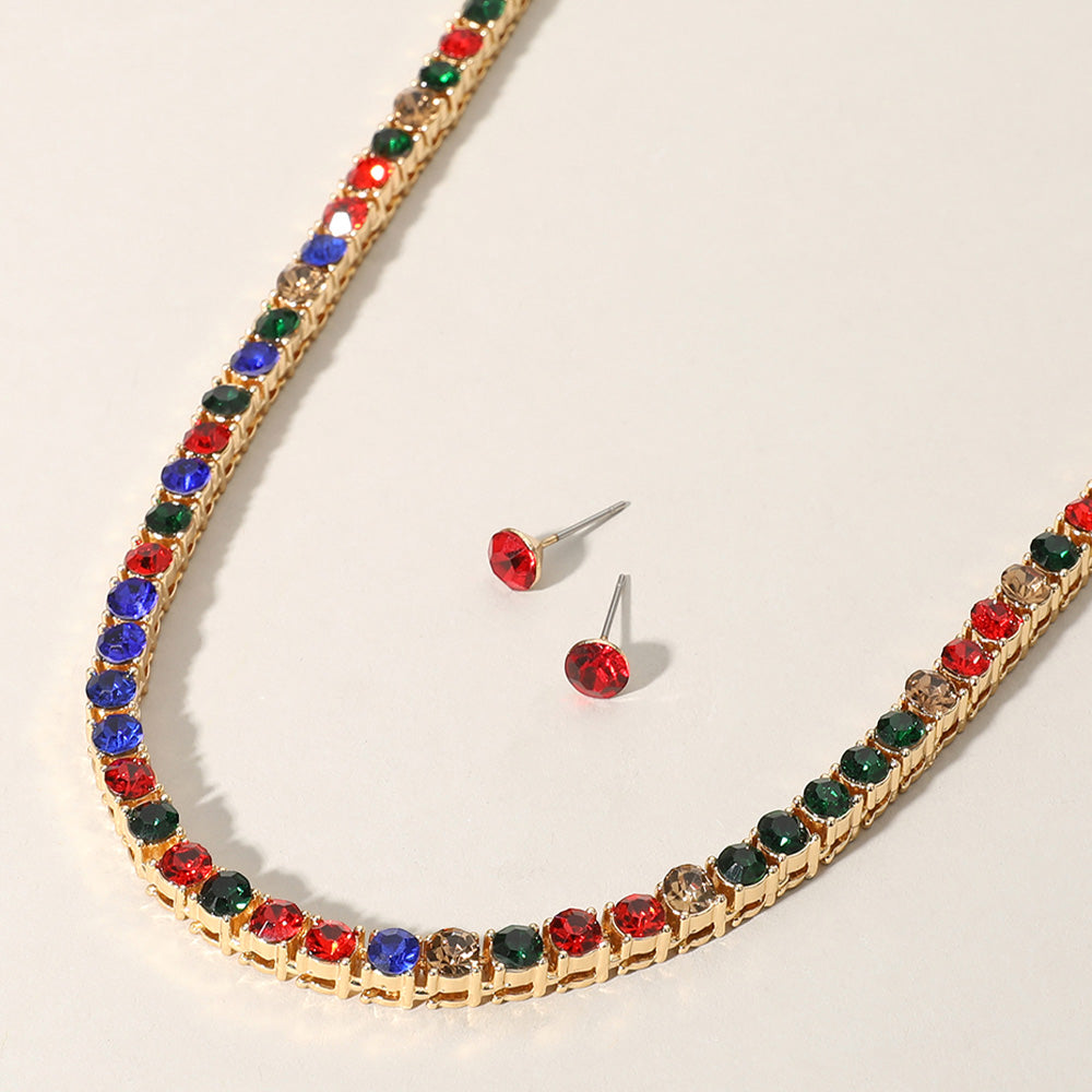 Gold, Multi Rhinestone Tennis Chain Evening Necklace