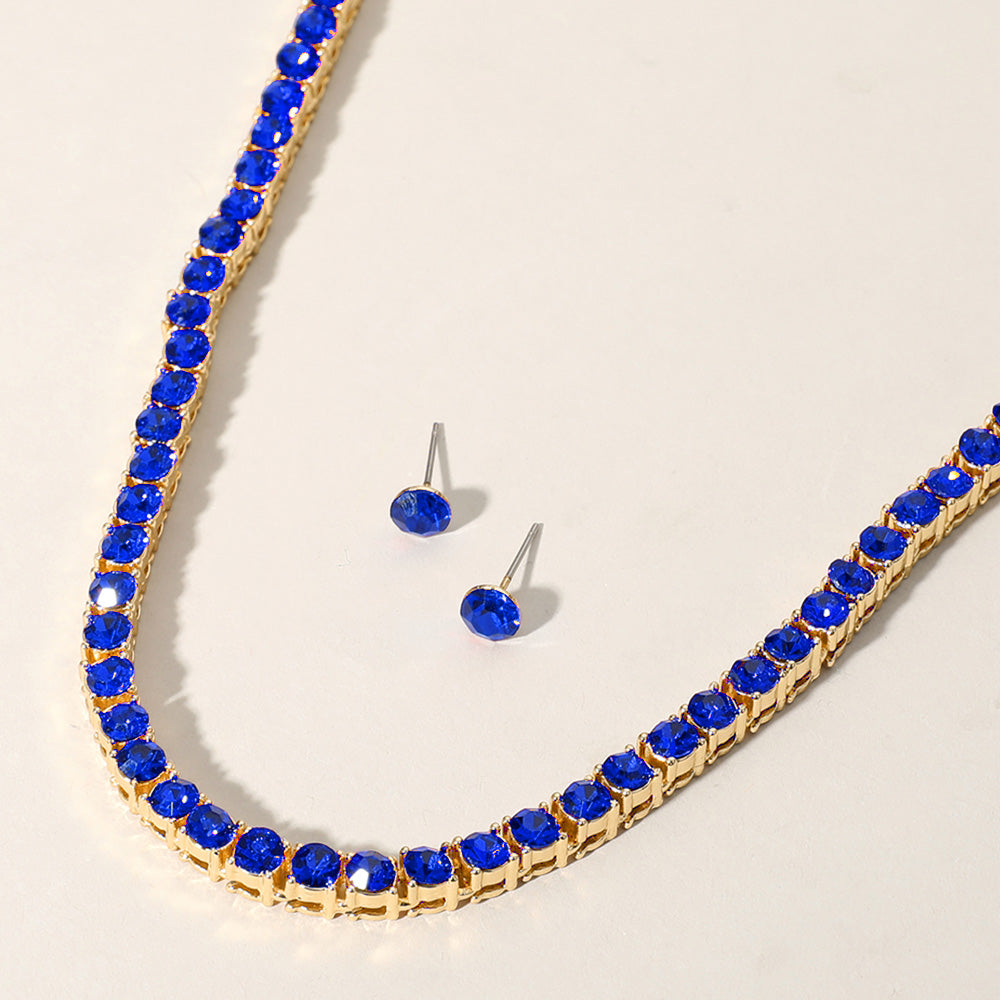 Gold, Sapphire Rhinestone Tennis Chain Evening Necklace